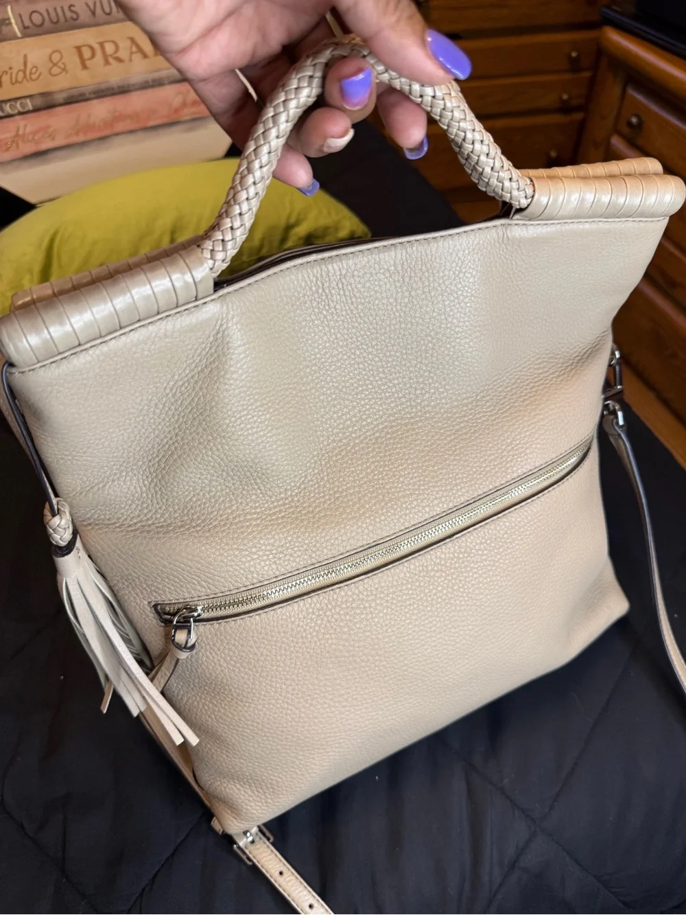 Tory Burch Marion Fold-Over Crossbody Bag | Pebbled Leather | Light Beige/Taupe - Picture 6 of 15
